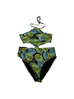GO.COCO XL Tropical Leaf Monokini Swimsuit Black Green Cutout Halter One Piece